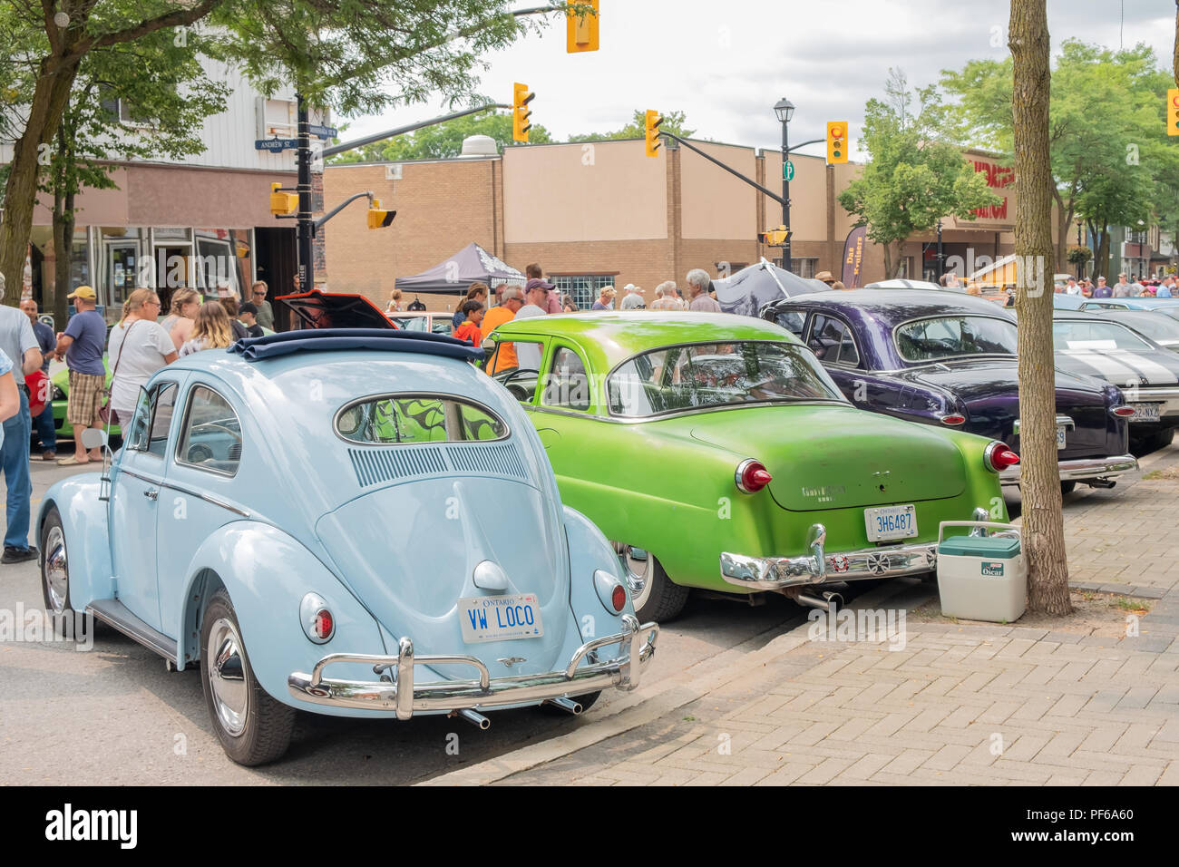 Hundreds of vintage and collector cars line the downtown streets of Orillia Ontario during the annual Downtown Car Show. Stock Photo