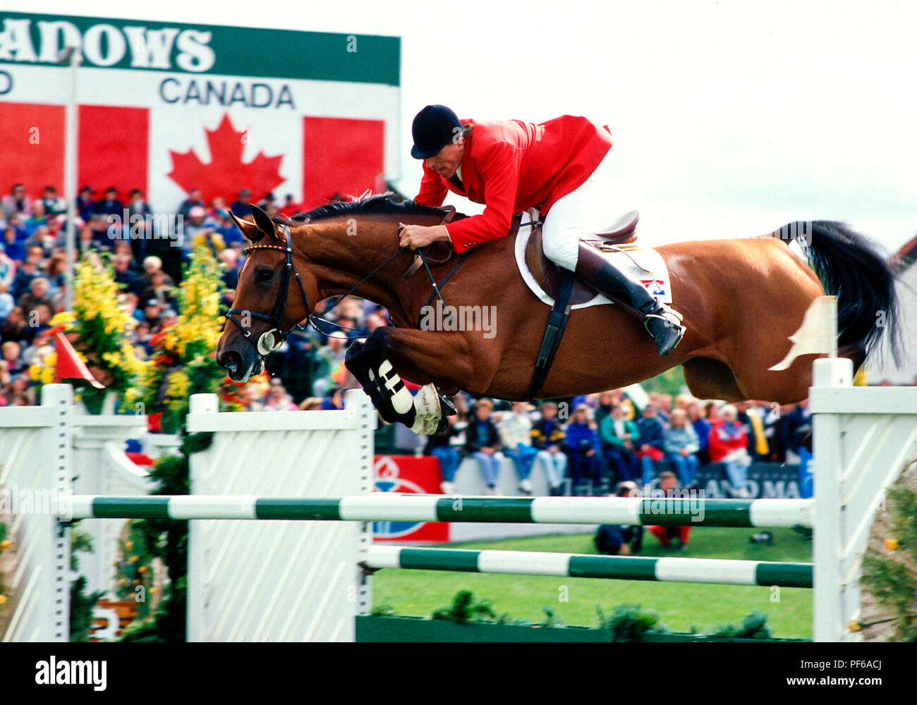 CSIO Masters, Spruce Meadows, September 1992, Piet Raymakers (NED) riding Ratina Z Stock Photo