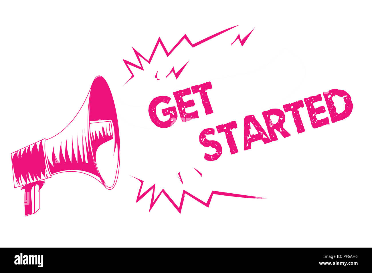 Conceptual hand writing showing Get Started. Business photo text asking someone to begin task endeavour or process right now Pink megaphone loudspeake Stock Photo