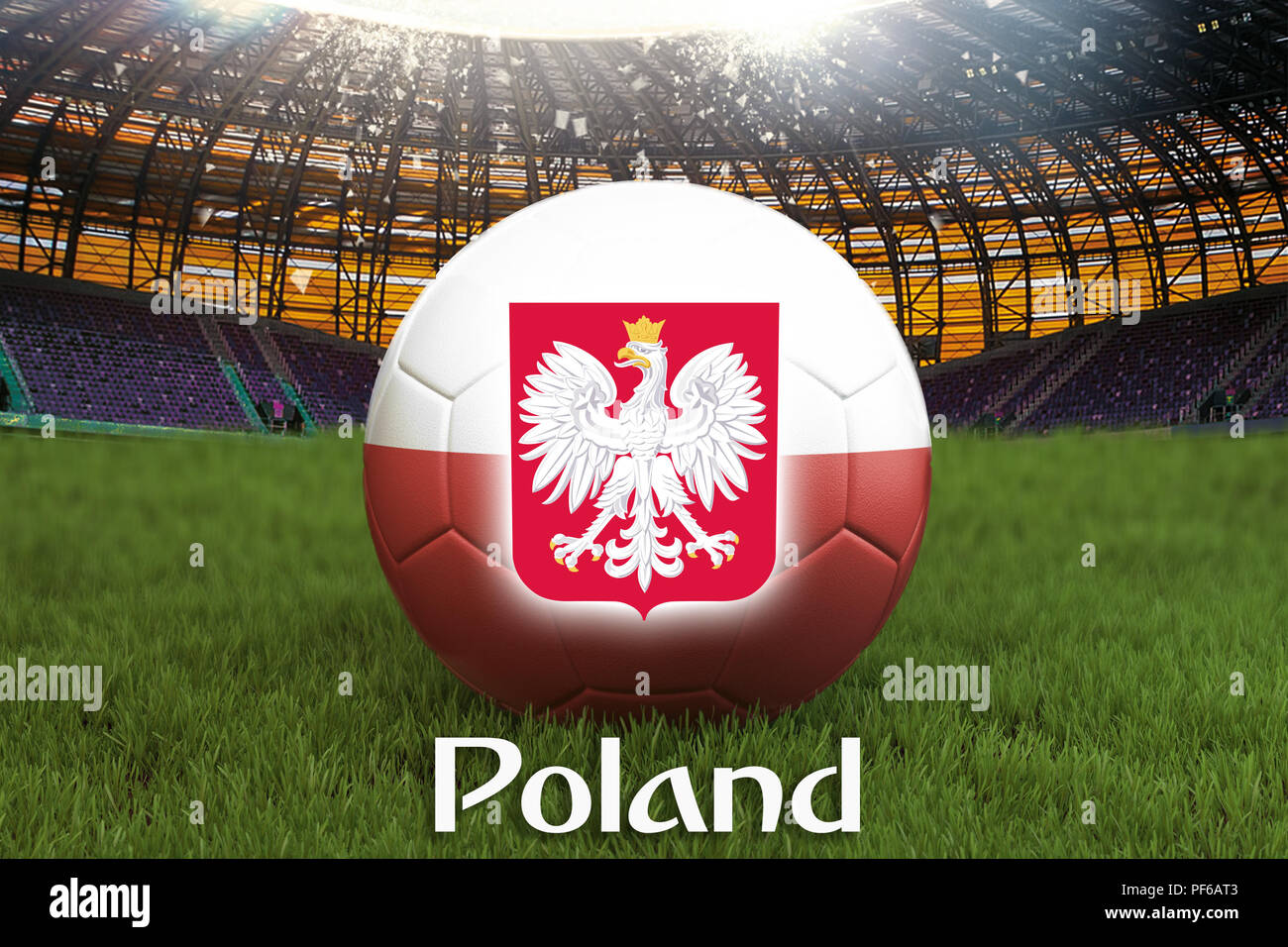 Poland football team ball on big stadium background with Poland Team