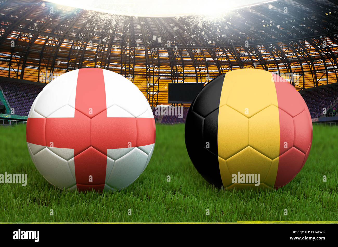 England vs Belgium football team ball on big stadium background