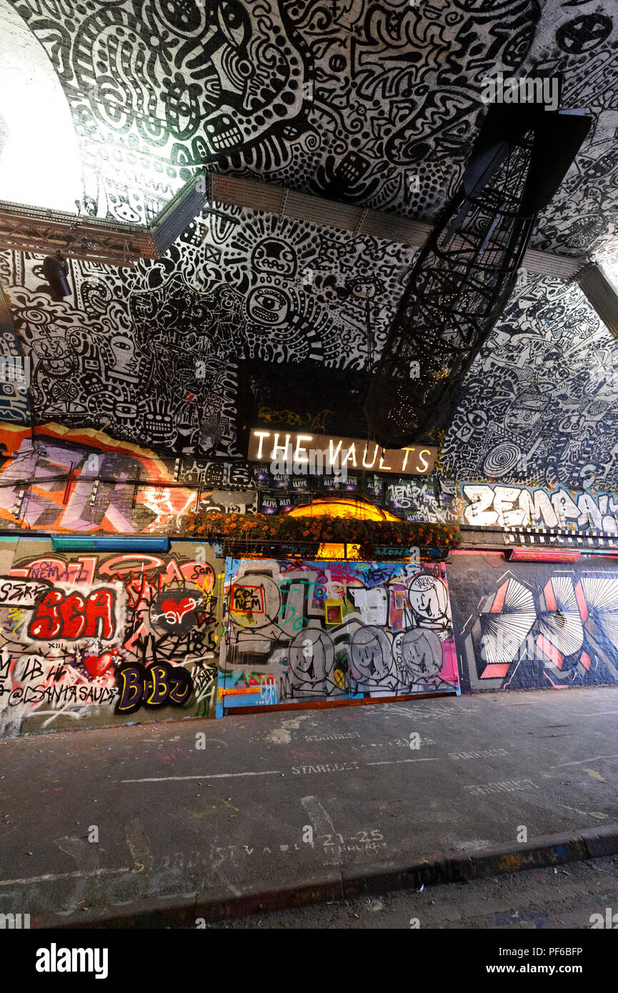 The walls of a tunnel in London covered with multiple graffitis, London, England, UK Stock Photo