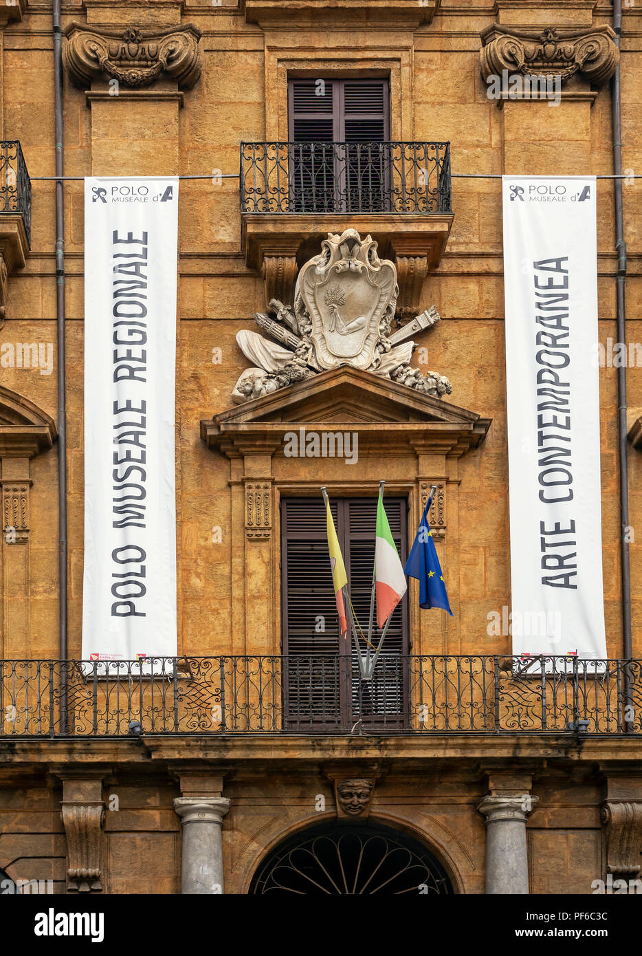 PALERMO, SICILY:  Banner Sign outside the Regional Museum of Modern and Contemporary Art (Polo Museale Regionale d'Arte Moderna e Contemporanea) Stock Photo