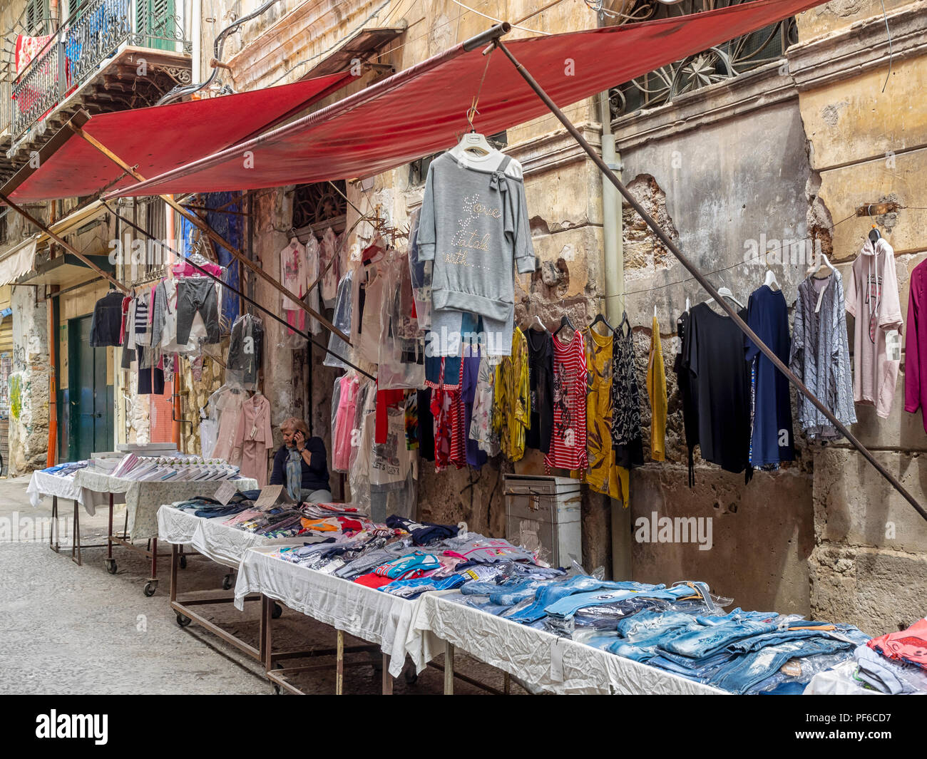 PALERMO, SICILY, ITALY - MAY 21, 2018:  Clothing stall at La Vucciria Market Stock Photo