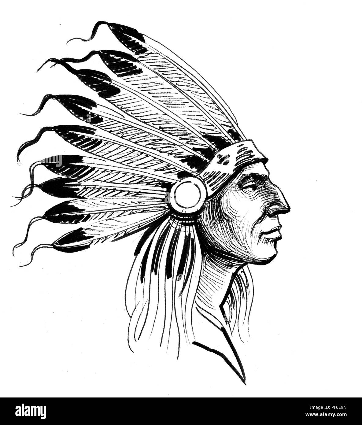 Indian Chief. Ink black and white illustration Stock Photo