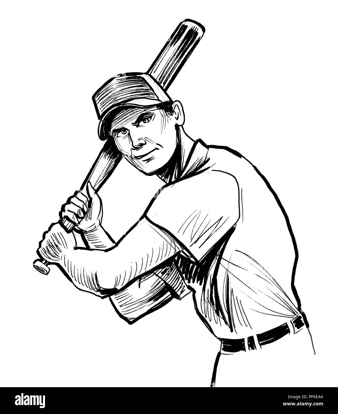 Baseball player. Ink black and white drawing - Stock Illustration