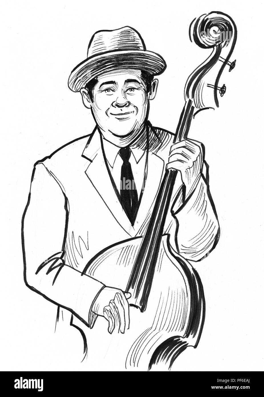 Man playing upright basses. Ink black and white illustration Stock
