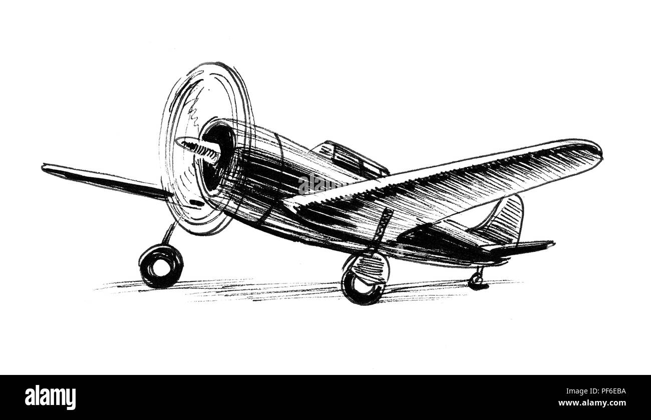 World war 2 military fighter plane. Ink black and white illustration. Stock Photo
