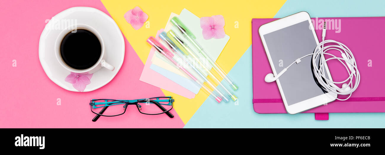 Office Desk Working Space Flat Lay Banner Top View Photo Of