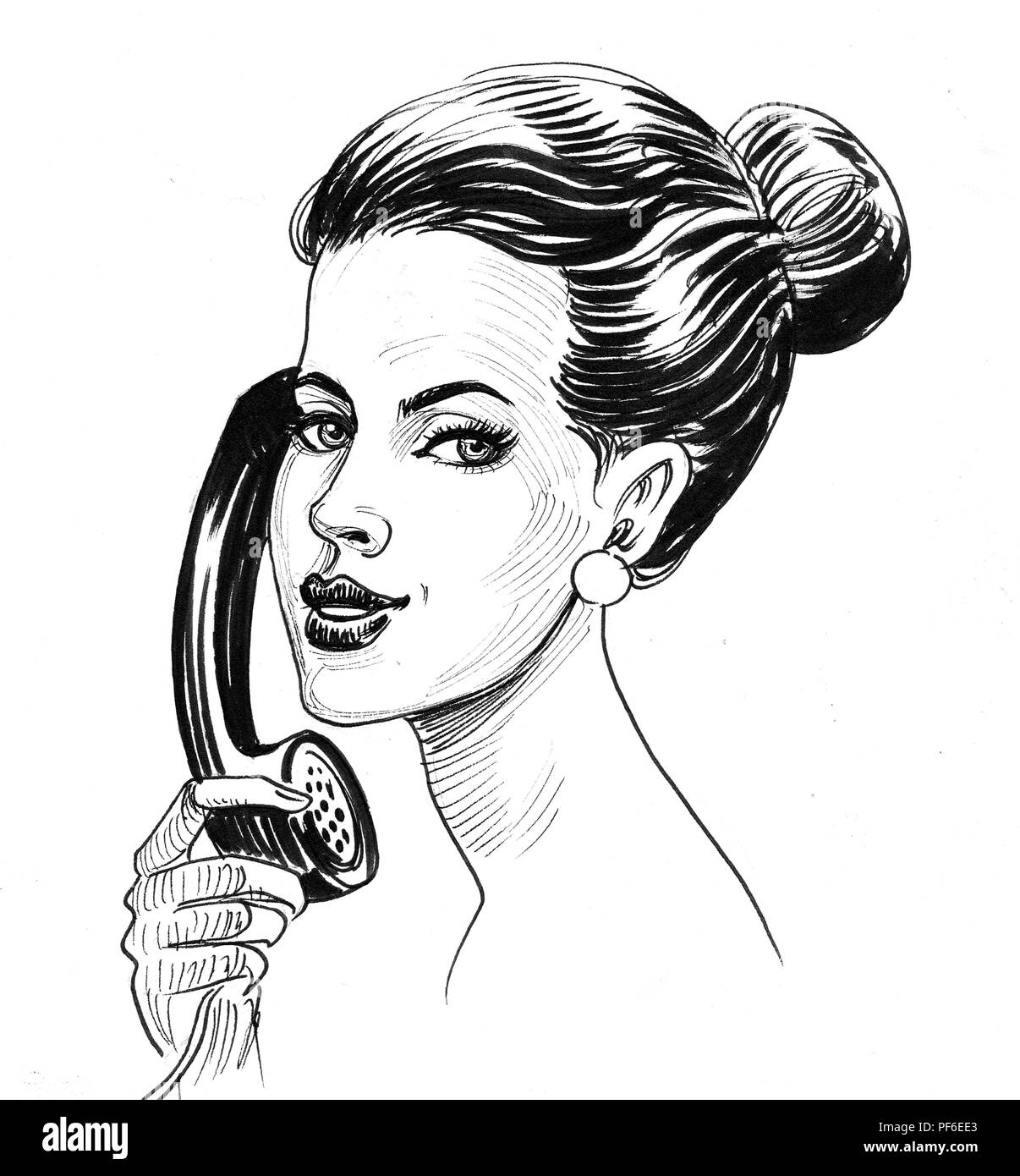 Pretty woman speaking over the retro phone Stock Photo - Alamy