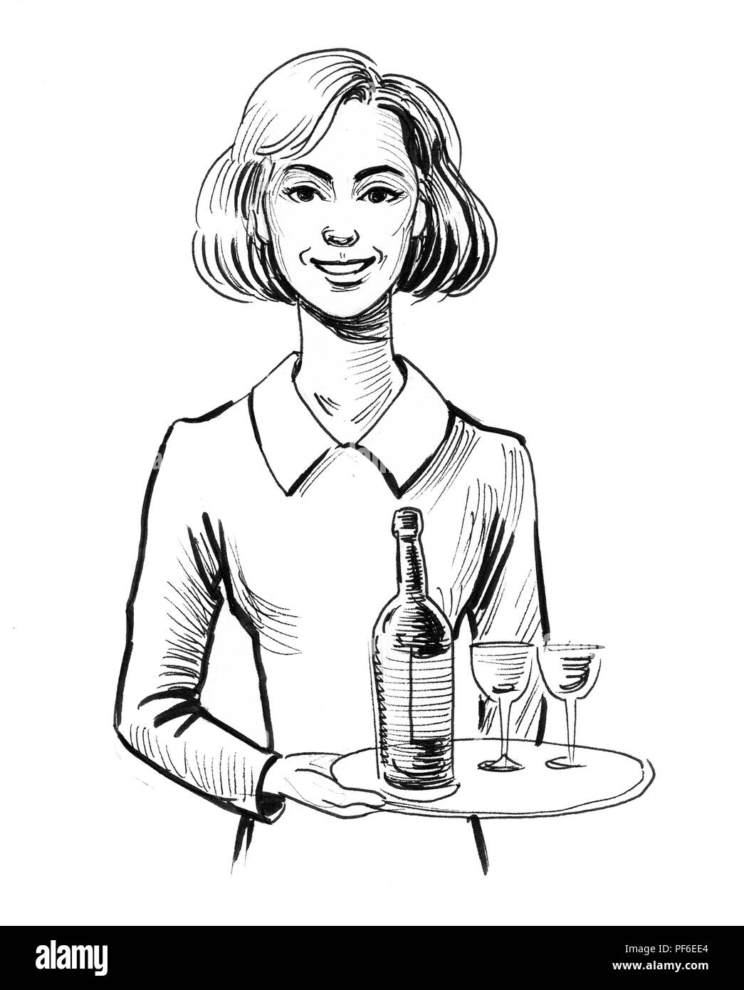 Pretty female waitress. Ink black and white illustration Stock Photo
