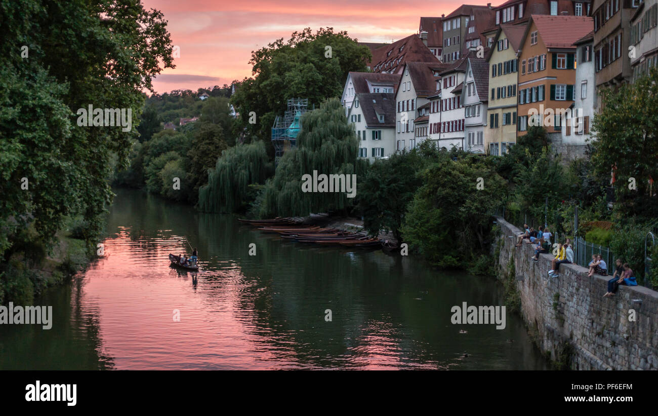 A view of the river Neckar in the centre of Tubingen as the sun sets Stock Photo