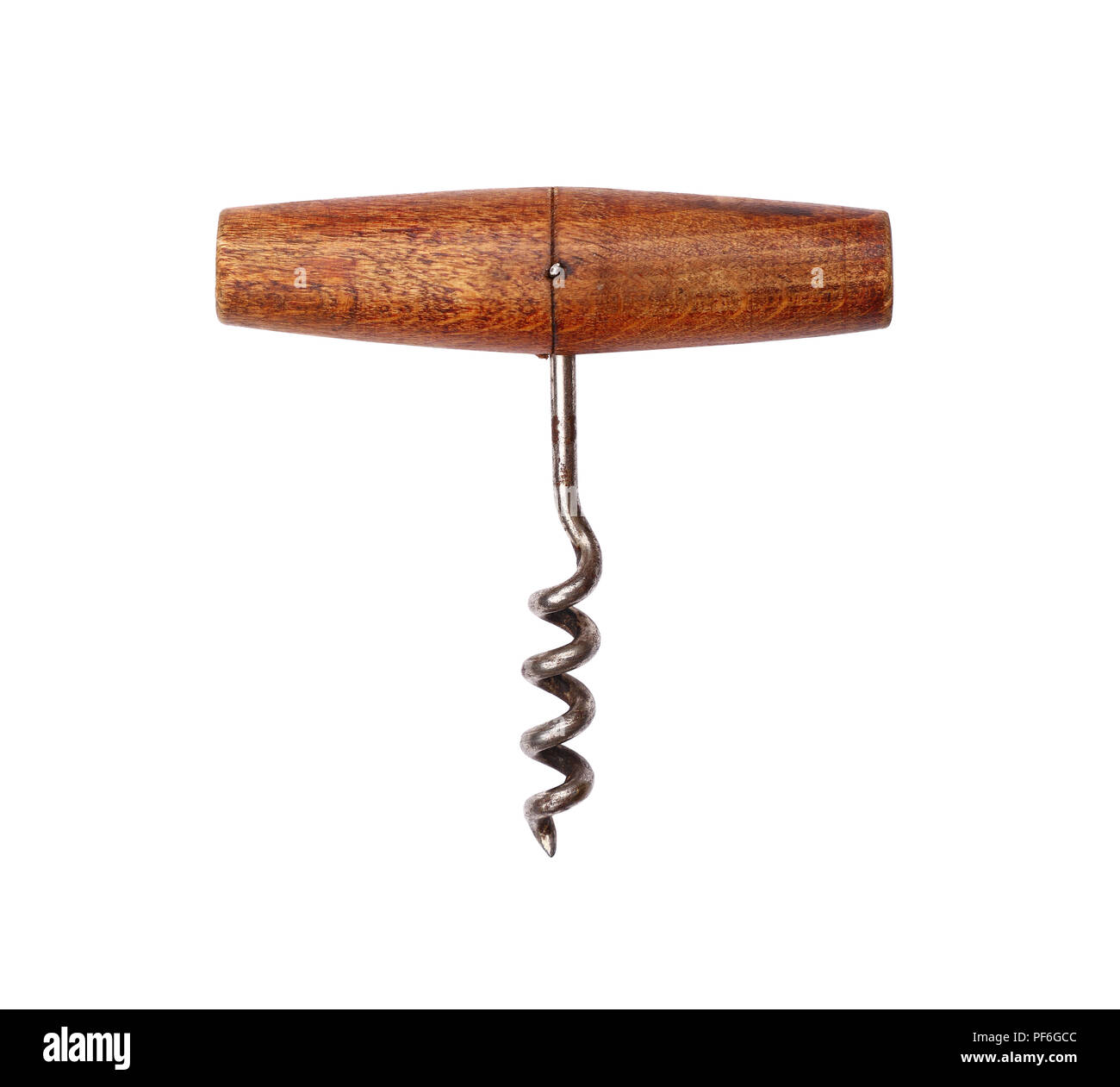One old vintage wooden wine corkscrew bottle opener isolated on white