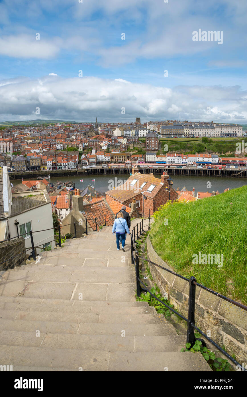 View from the famous 199 steps in the historic town of Whitby, North ...