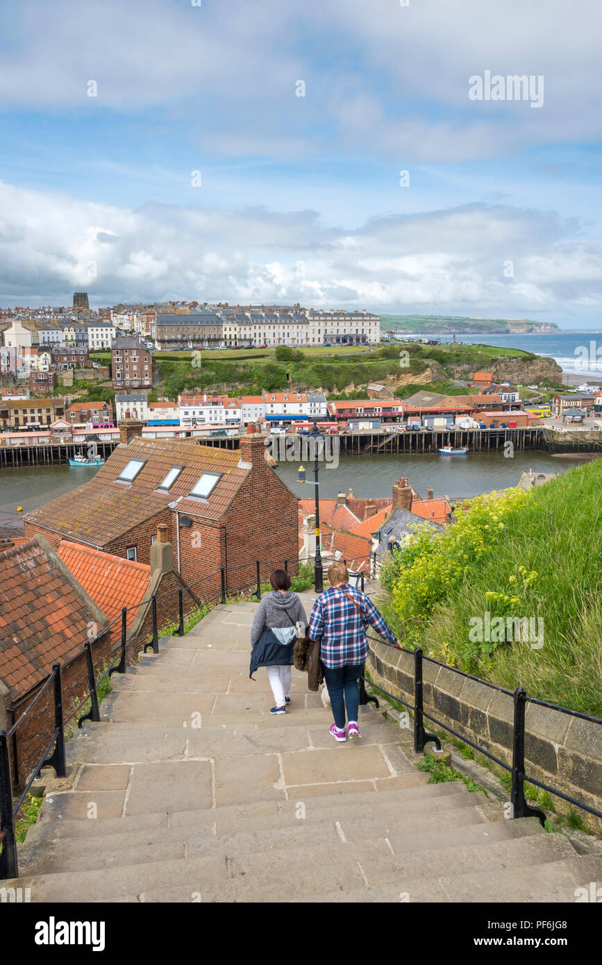 View from the famous 199 steps in the historic town of Whitby, North ...