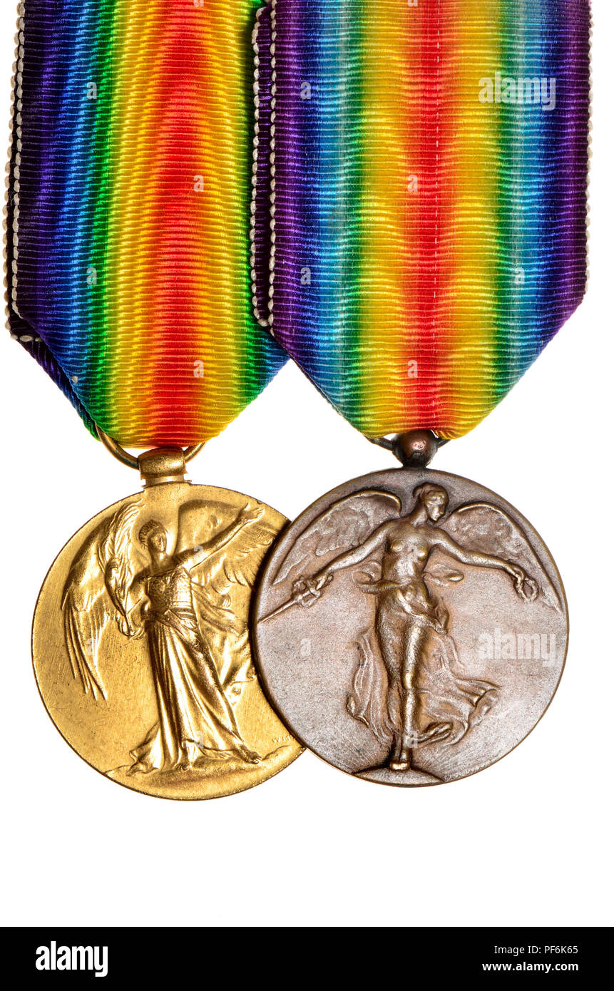 British and Belgian variants of the Inter-Allied Victory Medal 1914–1918 Commemorative war medals awarded to all members of the Armed Forces who serve Stock Photo