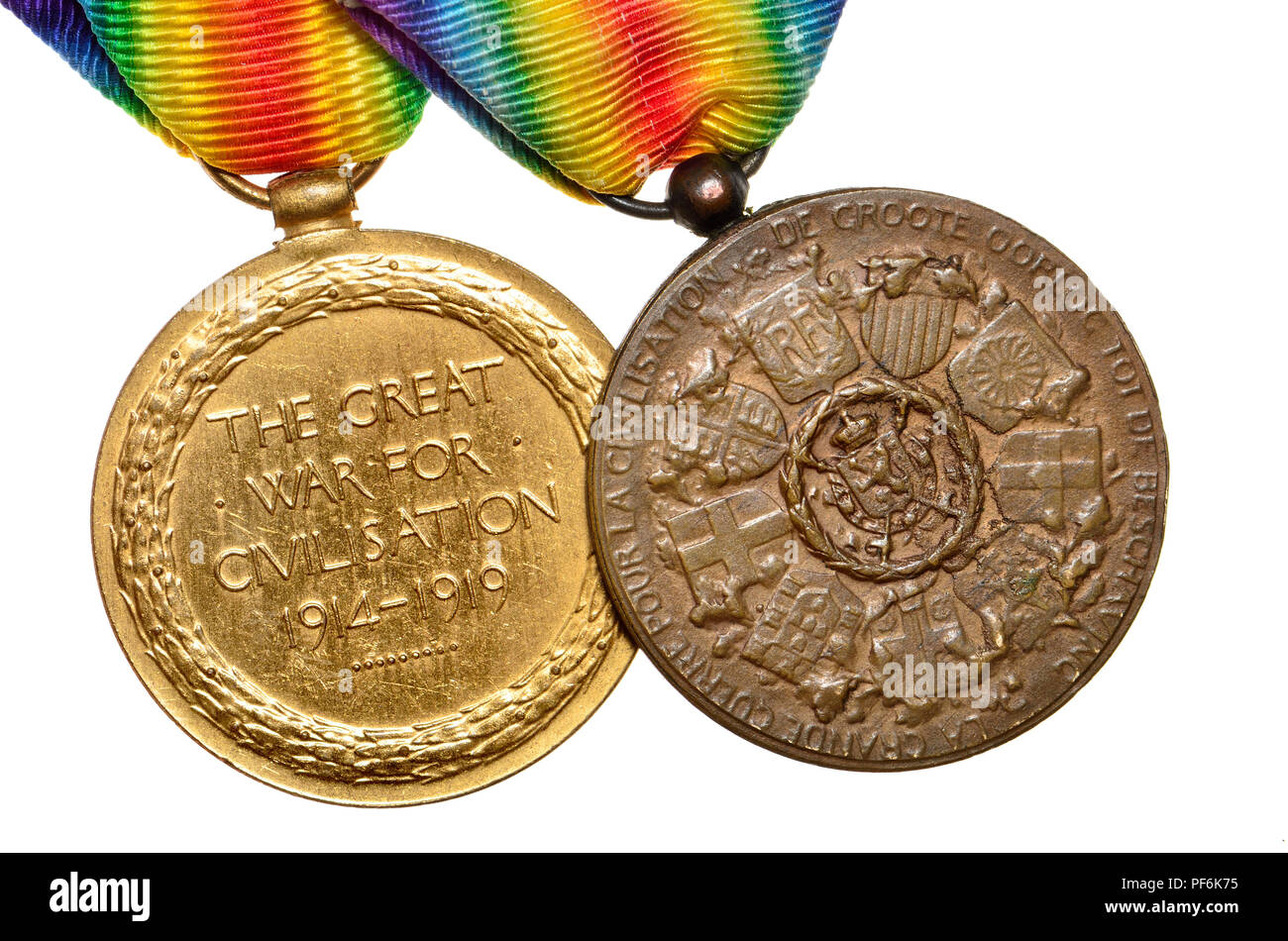 British and Belgian variants of the Inter-Allied Victory Medal 1914–1918 Commemorative war medals awarded to all members of the Armed Forces who serve Stock Photo