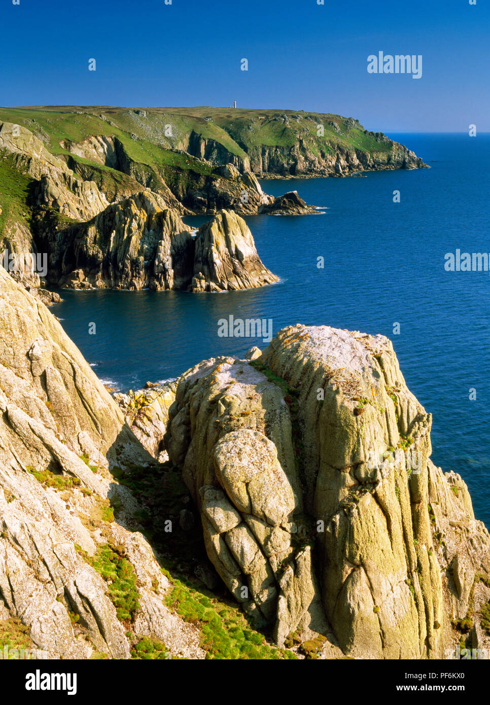 West Side cliffs, Lundy, looking south from Squire's View to St James's Stone, St Philip's Stone, Dead Cow Point and the Old Light on Beacon Hill. Stock Photo
