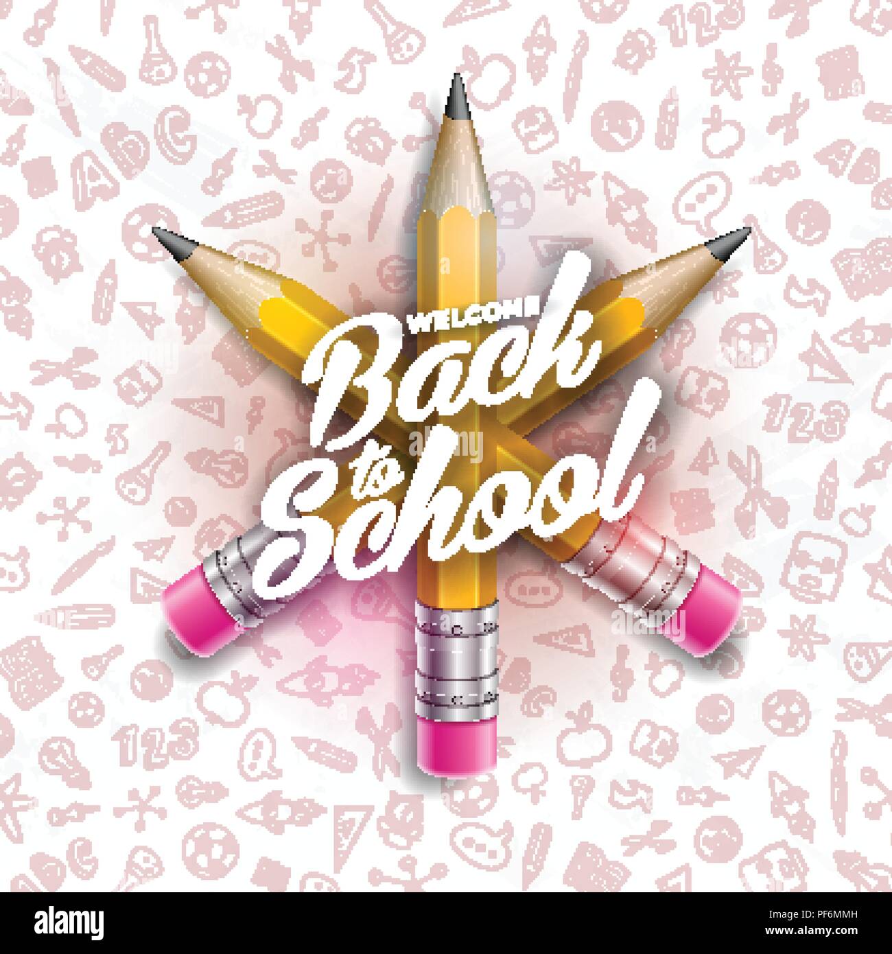 Back to school design with graphite pencil and typography lettering on white board background. Vector School illustration with hand drawn doodles for greeting card, banner, flyer, invitation, brochure or promotional poster. Stock Vector