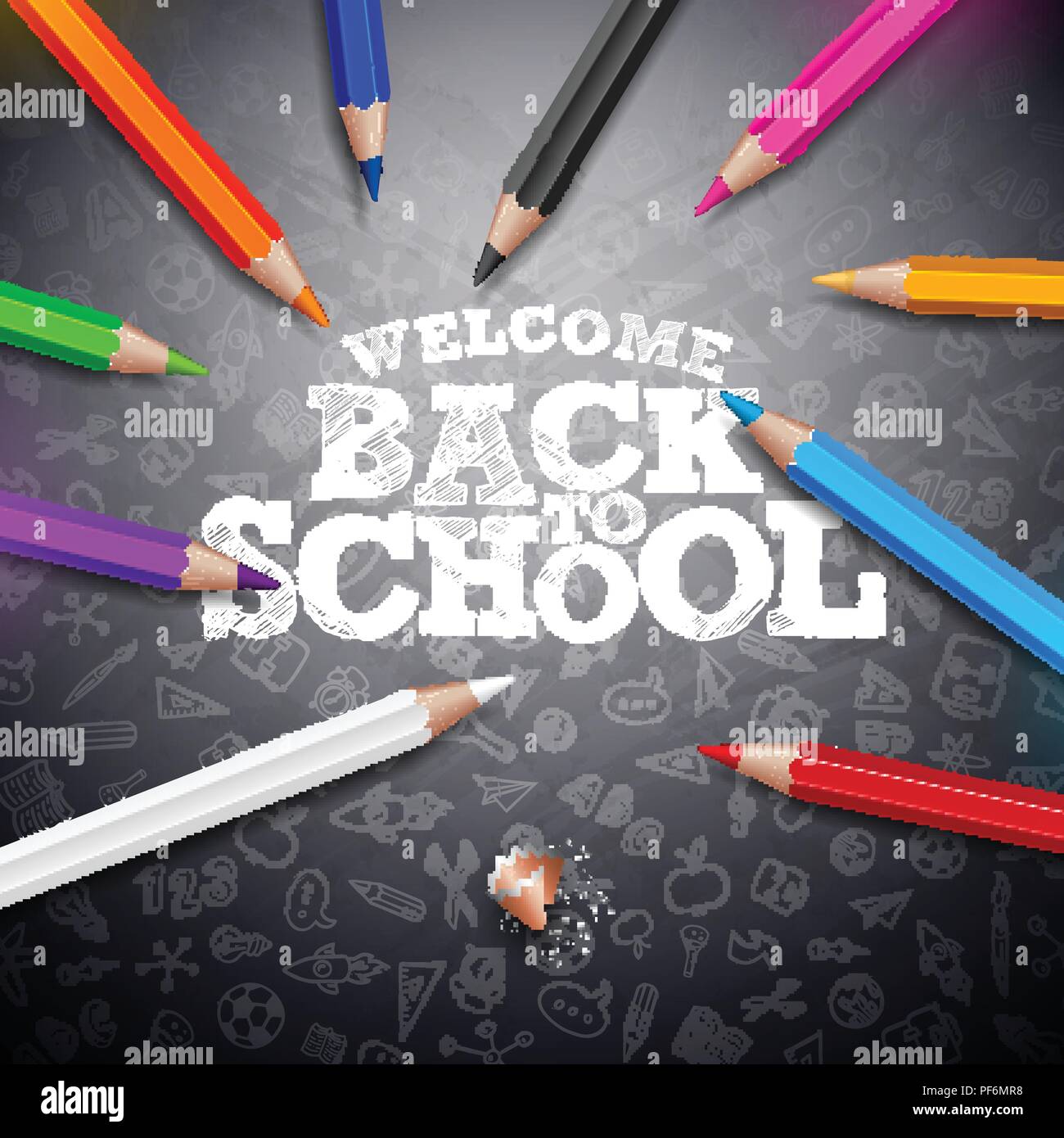 Back to school design with colorful pencil and typography lettering on black chalkboard background. Vector School illustration with hand drawn doodles for greeting card, banner, flyer, invitation, brochure or promotional poster. Stock Vector