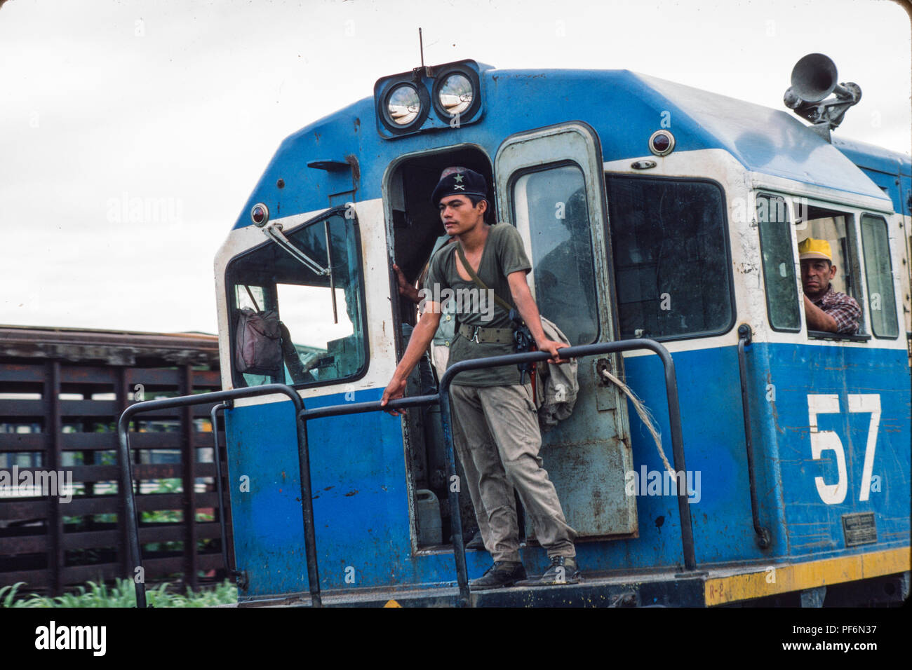 Managua, Nicaragua,, Feb 1990; A railway goods train drives into Managua station. Stock Photo