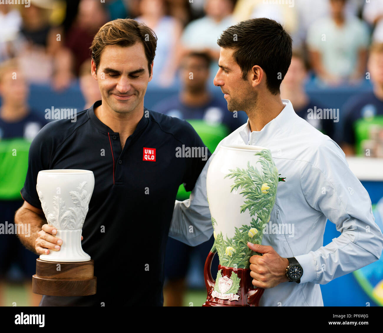 Mason, Ohio, USA. August 19, 2018: Roger Federer (SUI) and Novak Djokovic (SRB) during the award ceremony at the Western Southern Open in Mason, Ohio, USA. Brent Clark/Alamy Live News Stock Photo