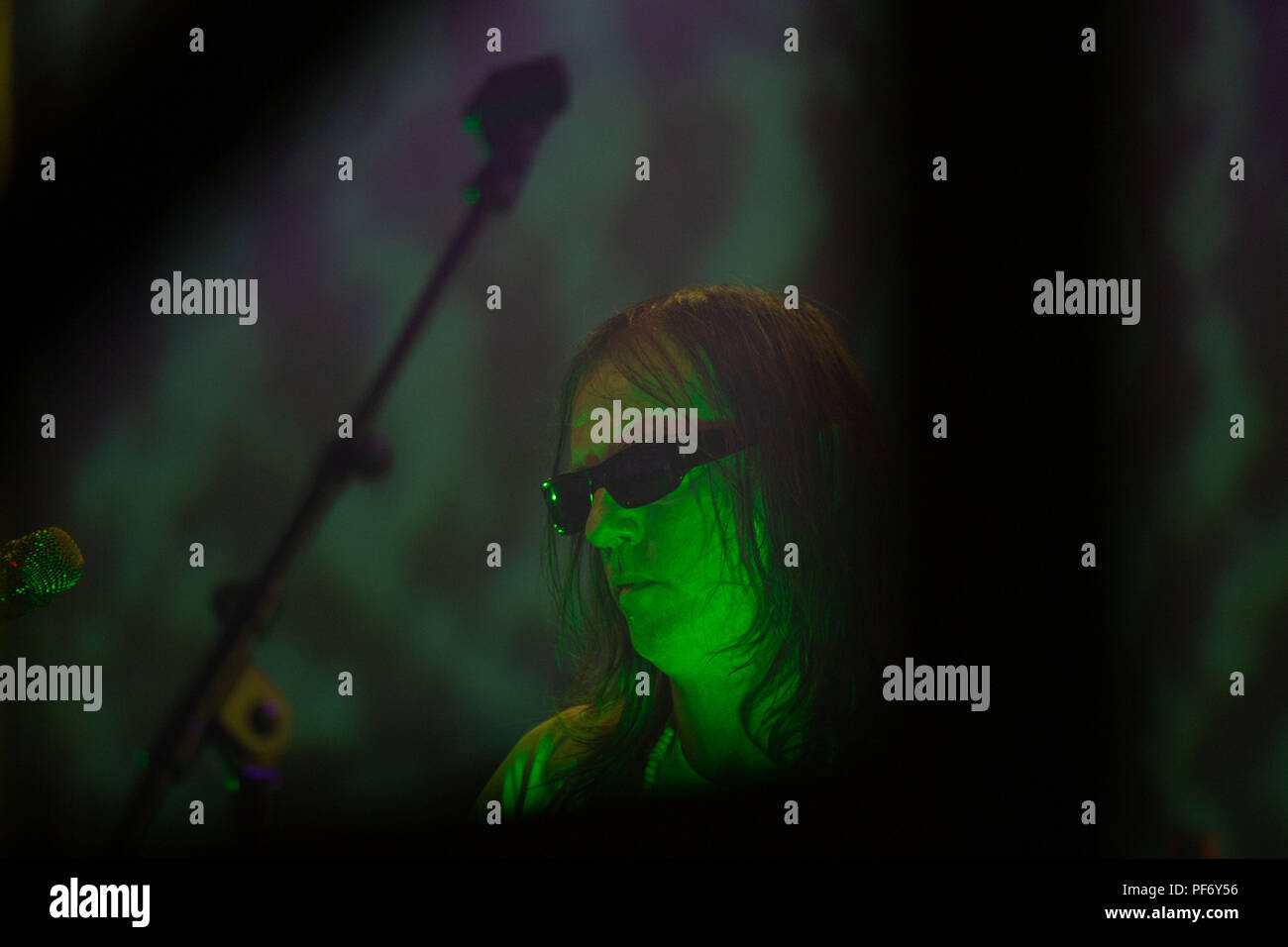 Glanusk Park, Brecon, Wales, 19th August 2018.  Day Three of the Green Man music festival in the Brecon Beacons Mountains in Wales. Anton Newcombe from American indie legends The Brian Jonestown Massacre headline the Far Out Stage. Credit: Rob Watkins/Alamy Live News Stock Photo