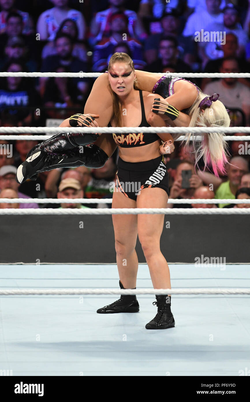 Brooklyn, NY, USA. 19th Aug, 2018. Alexa Bliss and Ronda Rousey wrestle for  the RAW Women's Championship Title at WWE SummerSlam 2018 at The Barclays  Center in Brooklyn, New York City on