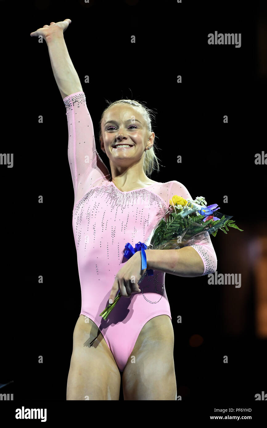 Boston, Massachussetts, USA. 19th Aug, 2018. RILEY MCCUSKER won third place in the all around at the competition held at TD Garden in Boston, Massachusetts. Credit: Amy Sanderson/ZUMA Wire/Alamy Live News Stock Photo