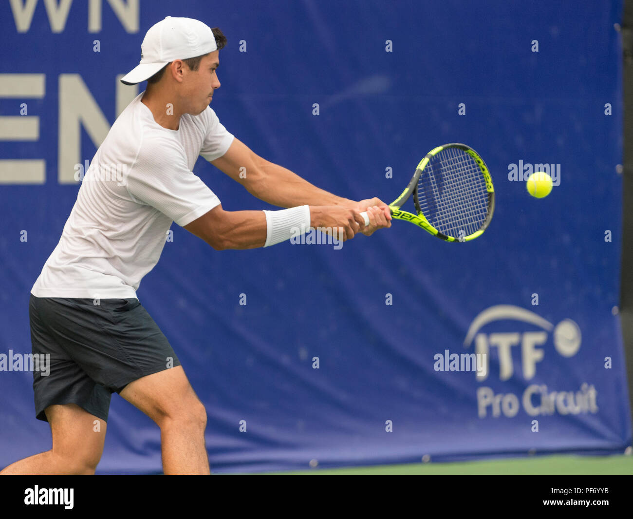 West Vancouver, Canada. 19 August 2018. Jason Kubler of Australia making a return becomes runner up in ATP Challenger Tour Mens Singles Final. Odlum Brown VanOpen