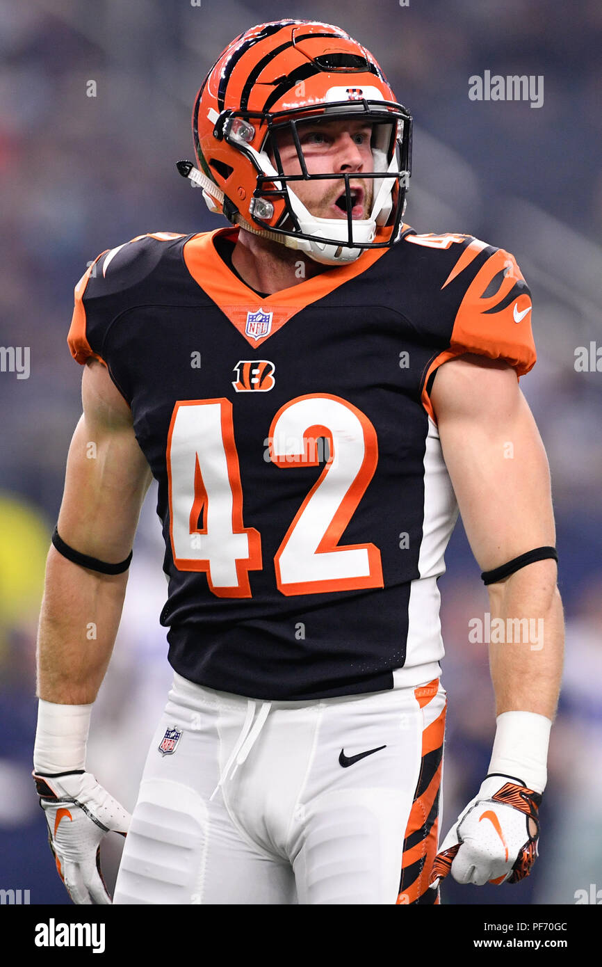 August 18, 2018: Cincinnati Bengals safety Clayton Fejedelem (42) reacts  after making a play during the NFL football game between the Cincinnati  Bengals and the Dallas Cowboys at AT&T Stadium in Arlington