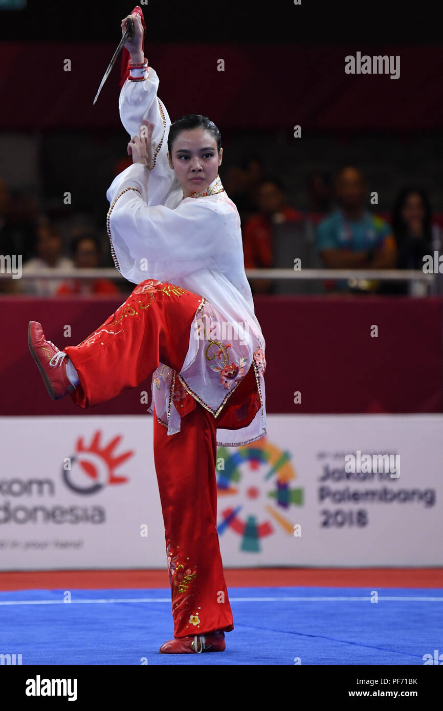 (180820) -- JAKARTA, Aug. 20, 2018 (Xinhua) -- Lindswell Lindswell of Indonesia competes during Women's Taijijian contest in the 18th Asian Games in Jakarta, Indonesia, Aug. 19, 2018. (Xinhua/Pan Yulong) Stock Photo