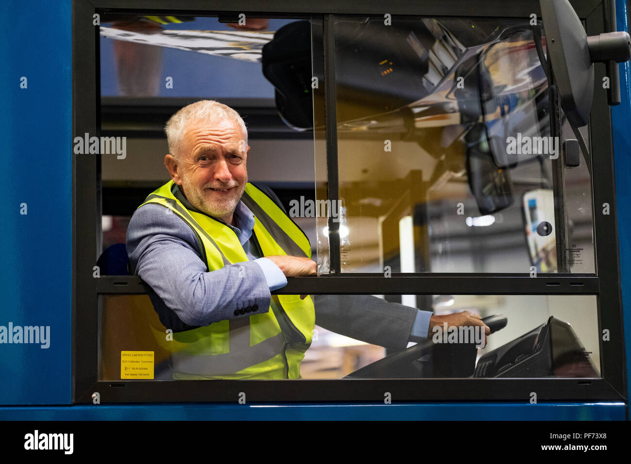Falkirk, Scotland, UK; 20 August, 2018. Labour Leader Jeremy Corbyn and Scottish Labour Leader Richard Leonard visit Alexander Dennis bus manufacturers in Falkirk as part of Labour's "Build it in Britain" policy. Credit: Iain Masterton/Alamy Live News Stock Photo