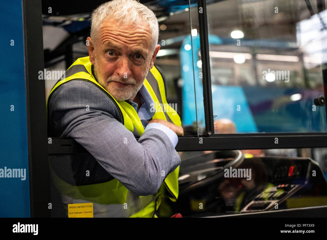 Falkirk, Scotland, UK; 20 August, 2018. Labour Leader Jeremy Corbyn and Scottish Labour Leader Richard Leonard visit Alexander Dennis bus manufacturers in Falkirk as part of Labour's 'Build it in Britain' policy. Credit: Iain Masterton/Alamy Live News Stock Photo