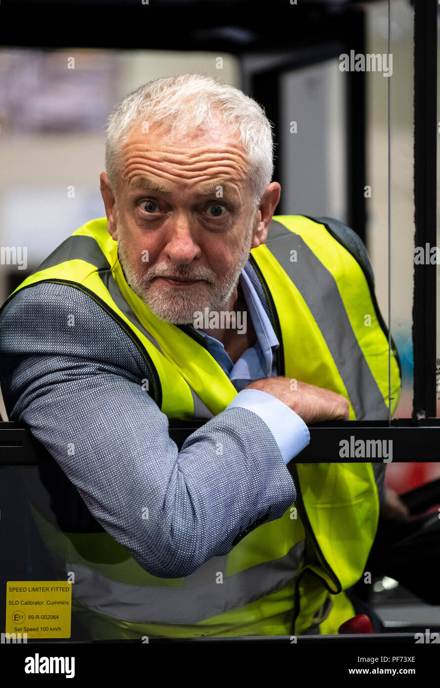 Falkirk, Scotland, UK; 20 August, 2018. Labour Leader Jeremy Corbyn and Scottish Labour Leader Richard Leonard visit Alexander Dennis bus manufacturers in Falkirk as part of Labour's 'Build it in Britain' policy. Credit: Iain Masterton/Alamy Live News Stock Photo