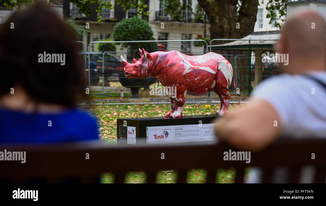 London, UK.  20 August 2018. A couple views 'On Cognizance', a rhino painted by Marc Quinn, in Berkeley Square. 21 rhinos are in place at a popular location in central London, forming the Tusk Rhino Trail, until World Rhino Day on 22 September to raise awareness of the severe threat of poaching to the species' survival.  They will then be auctioned by Christie's on 9 October to raise funds for the Tusk animal conservation charity.  Credit: Stephen Chung / Alamy Live News Stock Photo