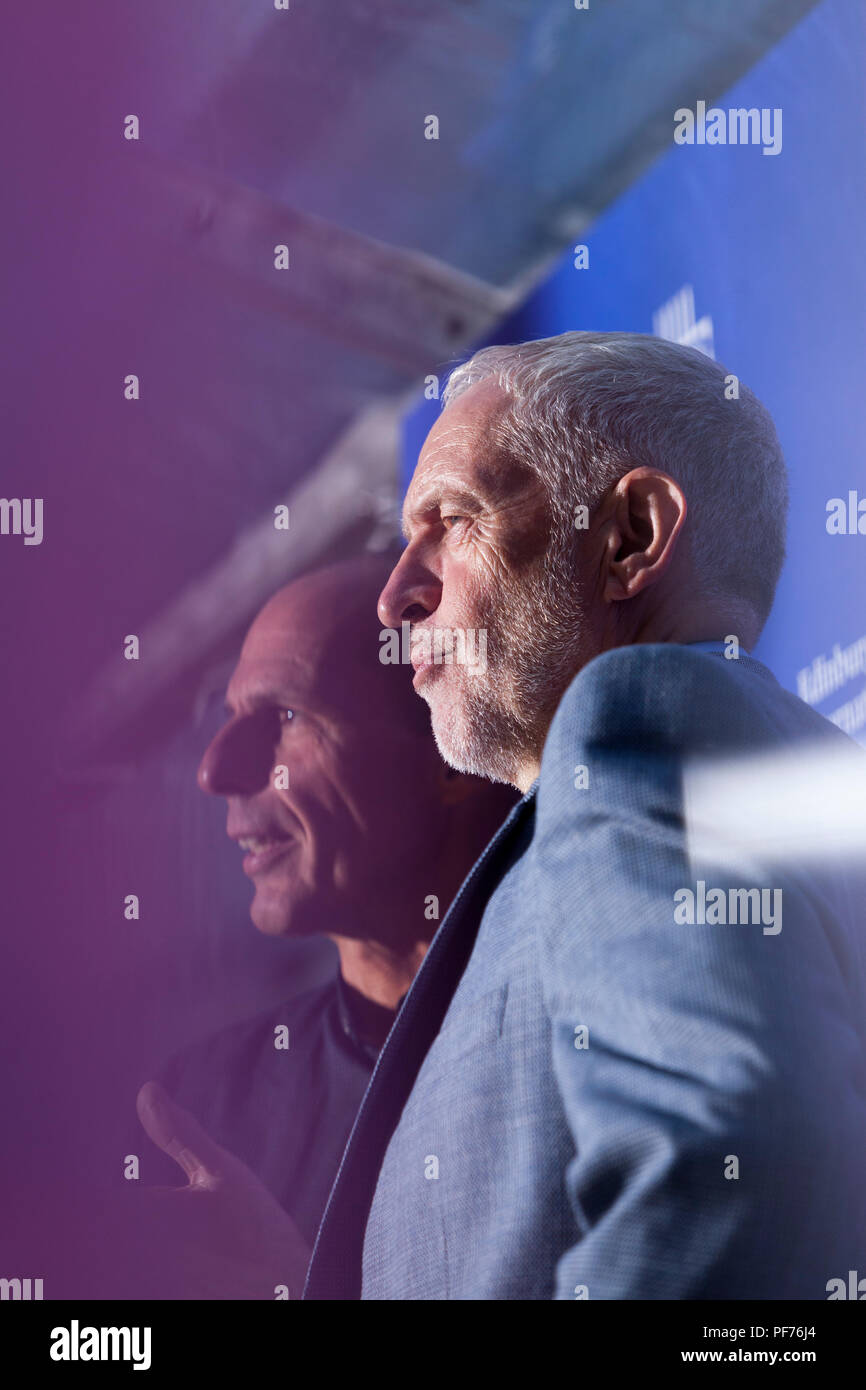 Edinburgh, UK. 20th August, 2018. Jeremy Corbyn (foreground) with Yanis Varoufakis. Pictured at the Edinburgh International Book Festival. Edinburgh, Scotland. At the Edinburgh event, DiEM25 co-founder Yanis Varoufakis discussed with the Labour leader the renaissance of the left and the future of democracy.   Picture by Gary Doak / Alamy Live News Stock Photo