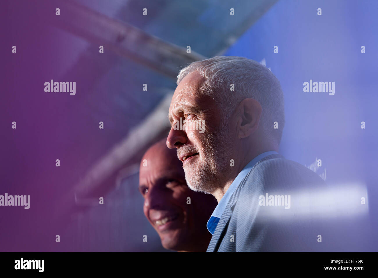 Edinburgh, UK. 20th August, 2018. Jeremy Corbyn (foreground) with Yanis Varoufakis. Pictured at the Edinburgh International Book Festival. Edinburgh, Scotland. At the Edinburgh event, DiEM25 co-founder Yanis Varoufakis discussed with the Labour leader the renaissance of the left and the future of democracy.   Picture by Gary Doak / Alamy Live News Stock Photo