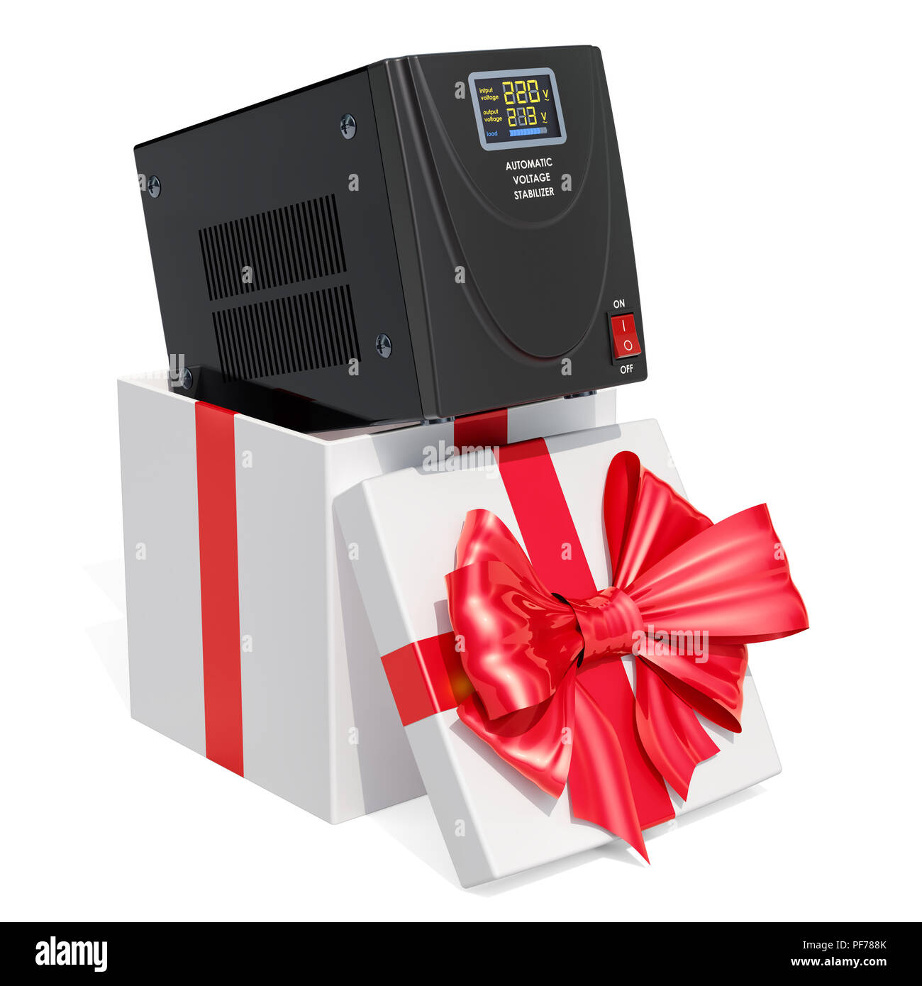 Gift concept, automatic voltage stabilizer inside gift box. 3D