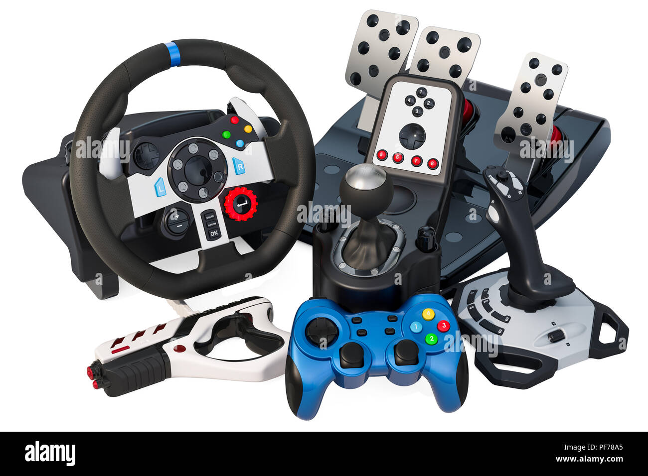 Set of gaming input devices for computer, 3D rendering isolated on ...