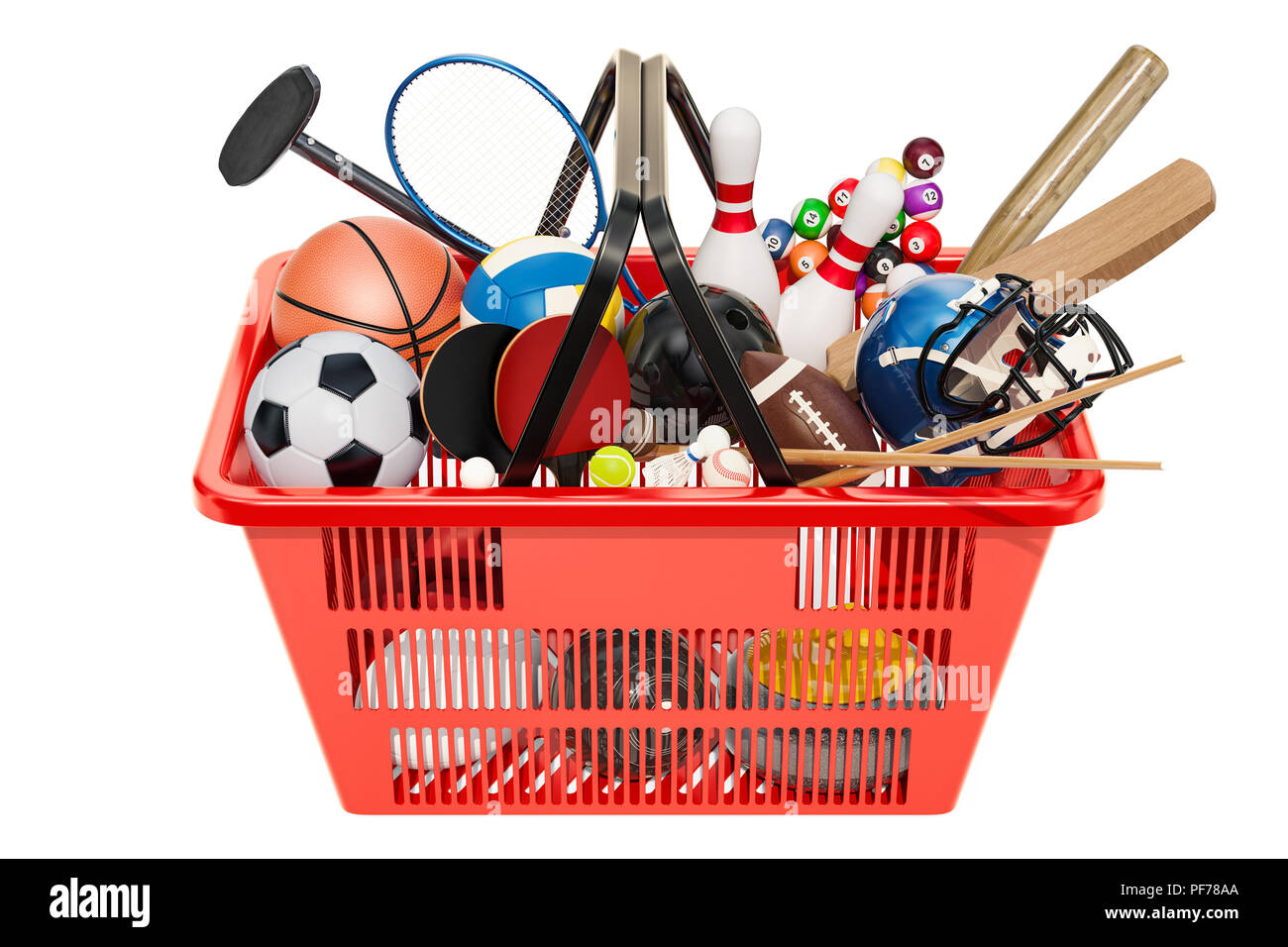 Sports game equipment in shopping basket. 3D rendering Stock Photo