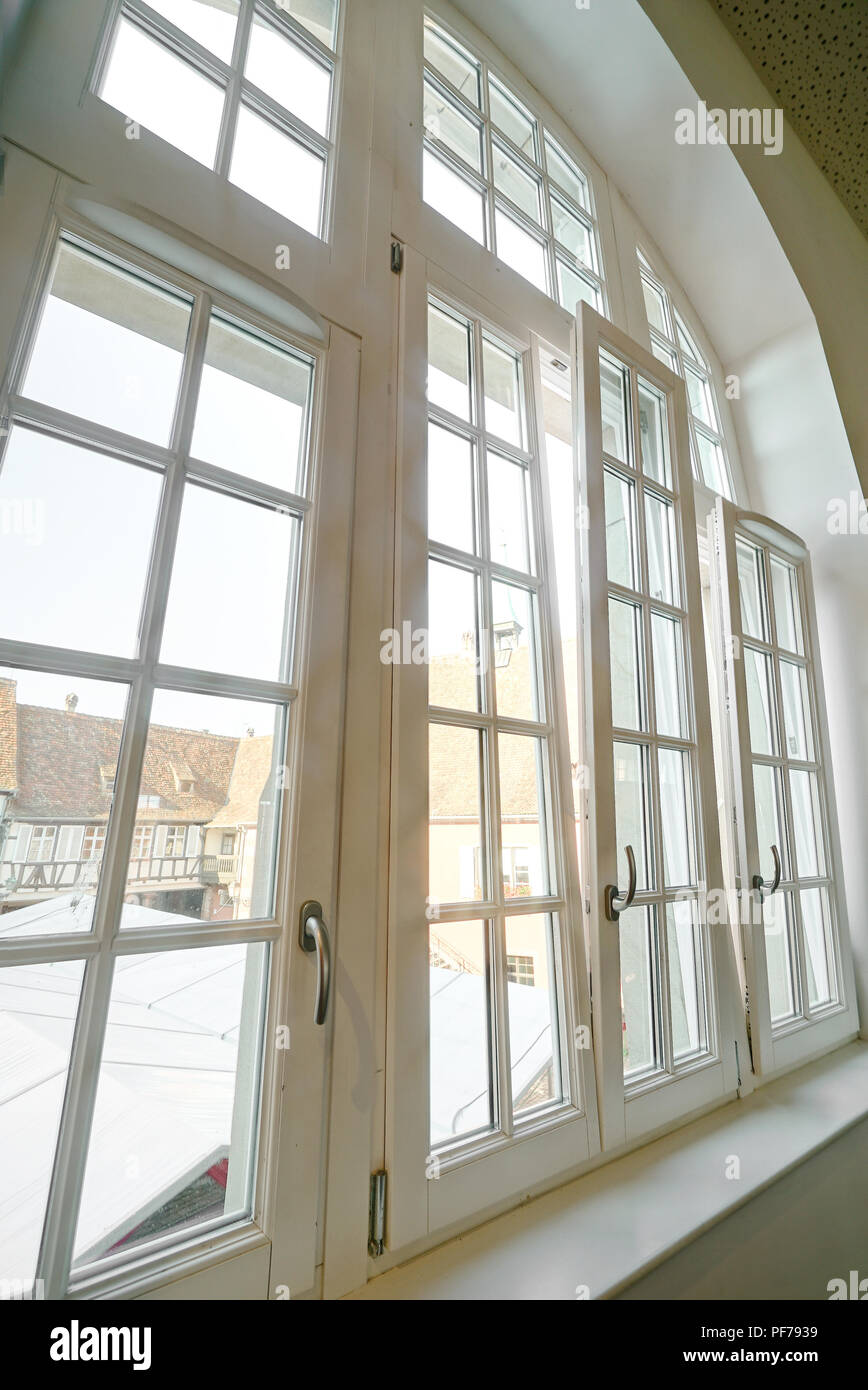 Complicated high windows, new pvc doubleglazing while renovation