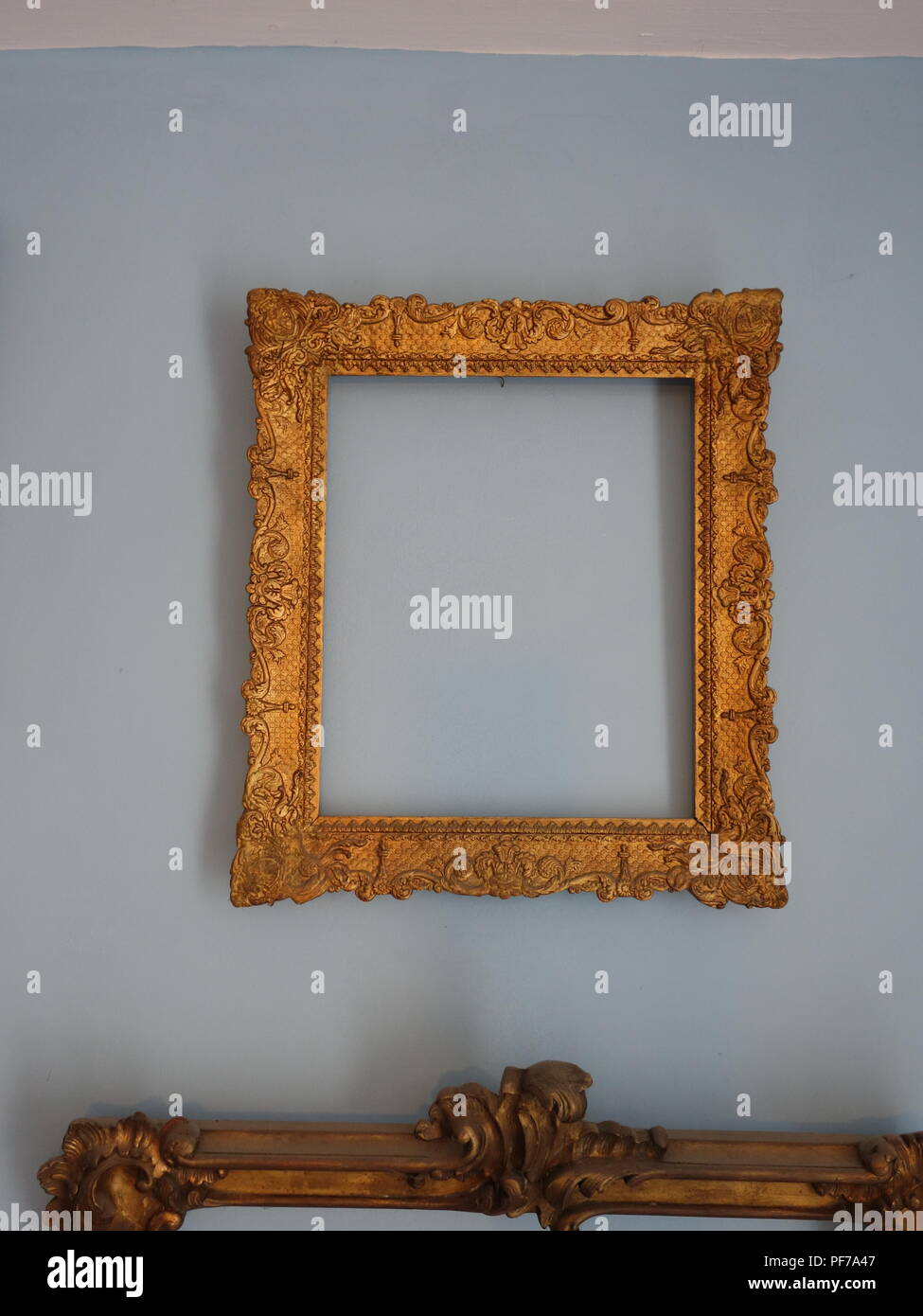 Single gold picture frame with no pictures in the frame hanging on a