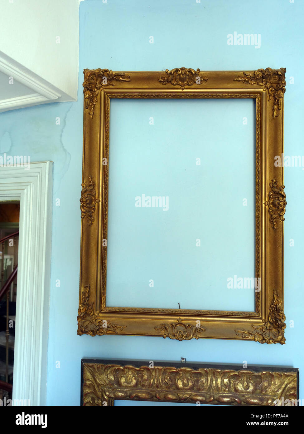 Single gold picture frame with no pictures in the frame hanging on a