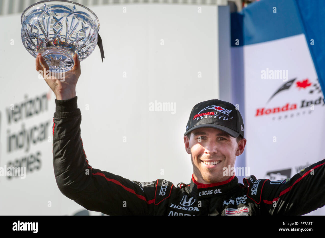 Podium winners celebration at Indy car race day in Toronto, July 15, 2018. Canadian driver Robert Wickens finished the third Stock Photo