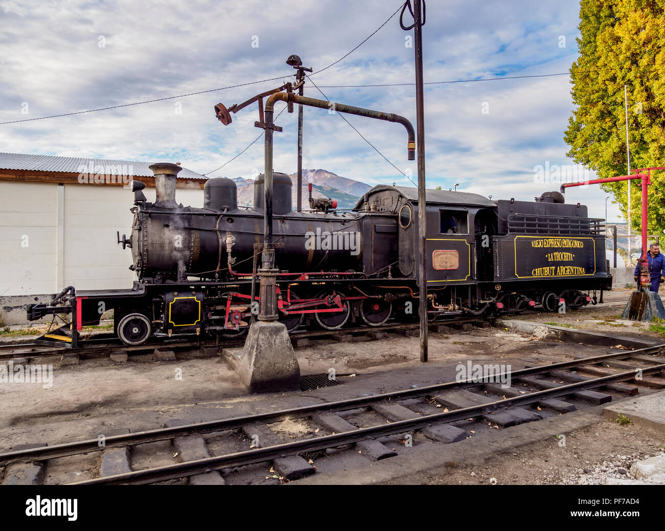 Old Patagonian Express La Trochita, steam train taking water, Esquel Train Station, Chubut Province, Patagonia, Argentina Stock Photo