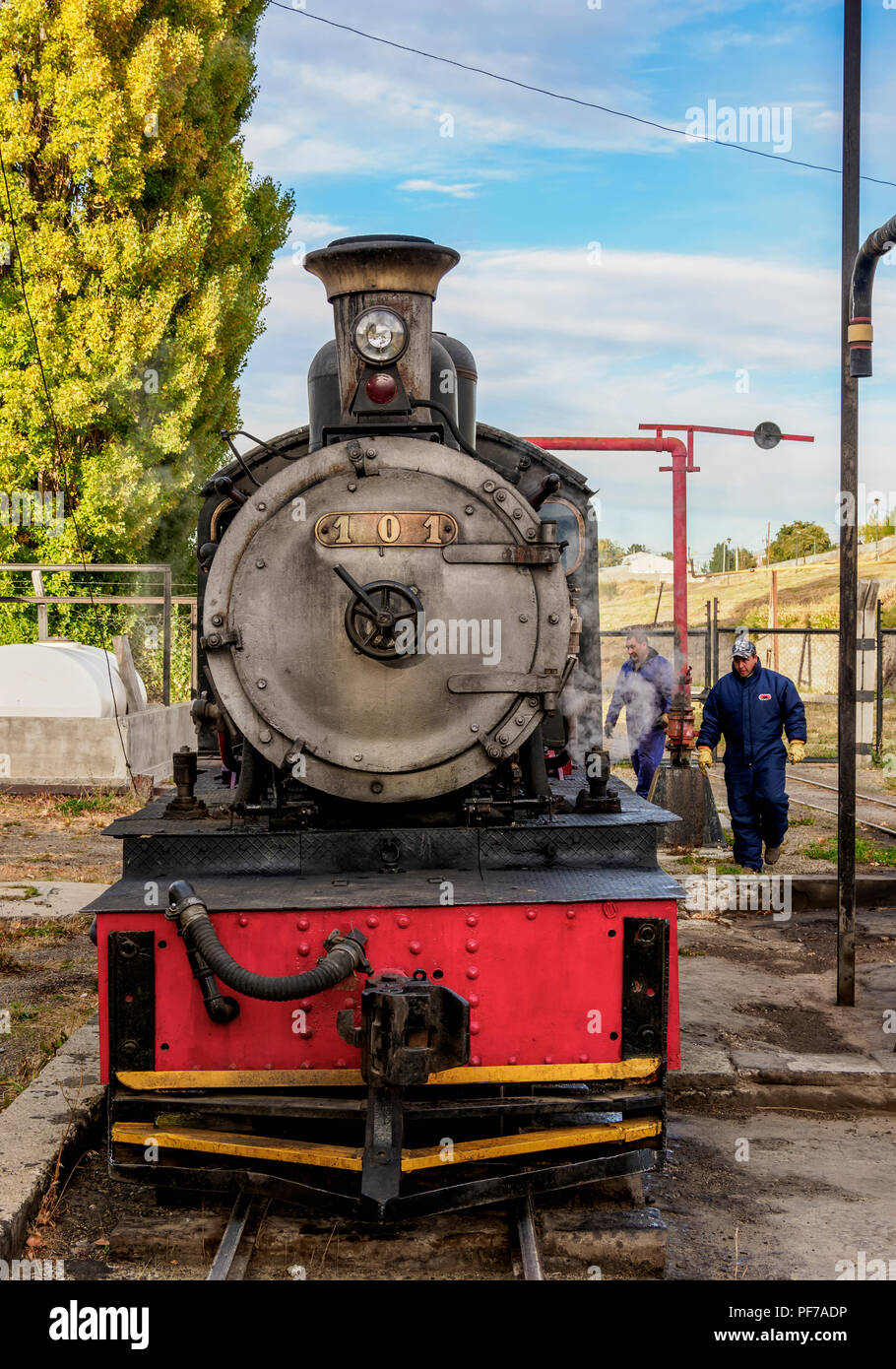 Old Patagonian Express La Trochita, steam train taking water, Esquel Train Station, Chubut Province, Patagonia, Argentina Stock Photo