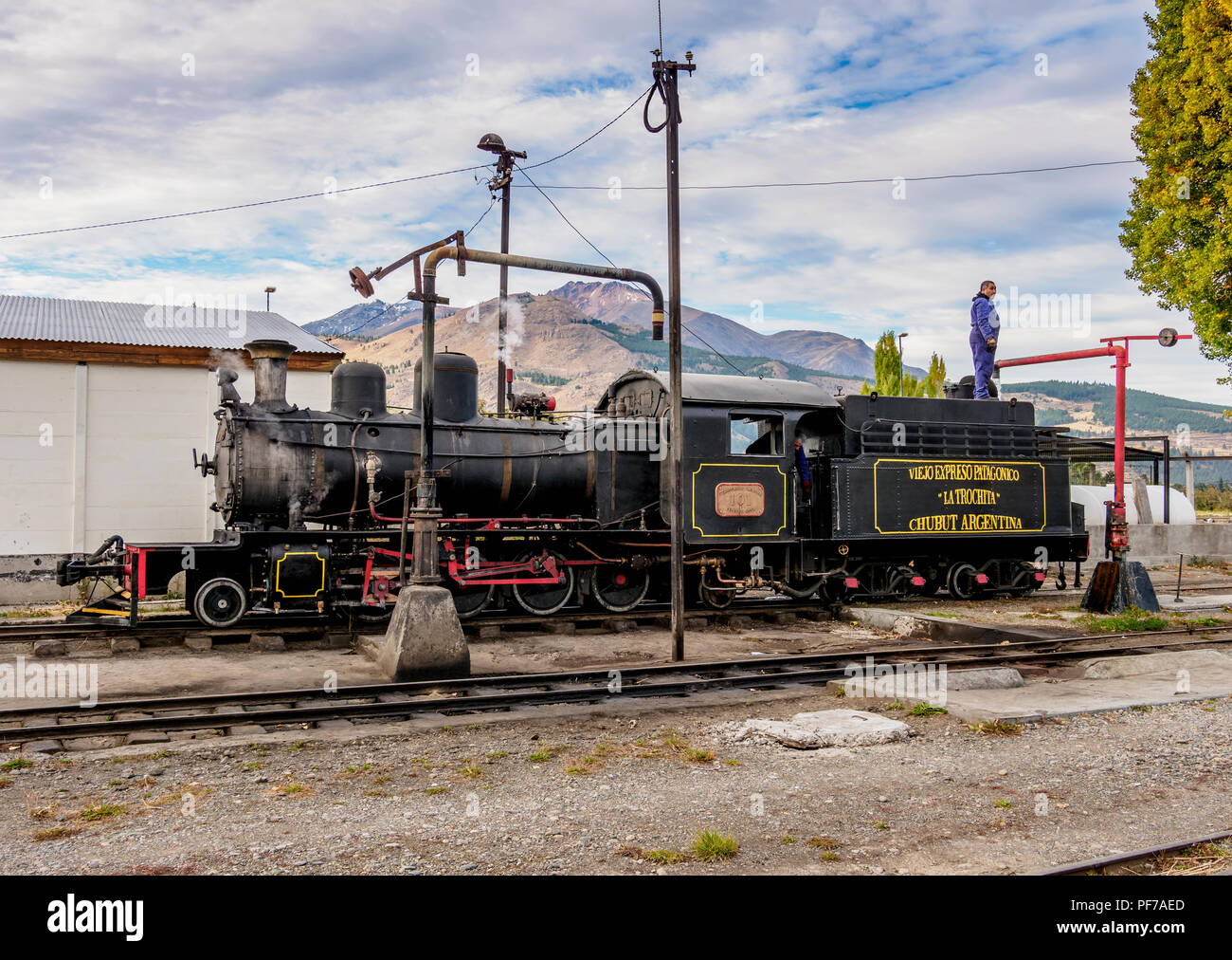 Old Patagonian Express La Trochita, steam train taking water, Esquel Train Station, Chubut Province, Patagonia, Argentina Stock Photo