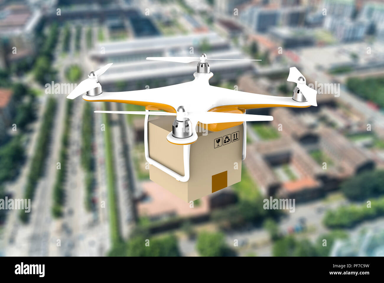 Drone with a delivery box package flying over a big city: 3d ...