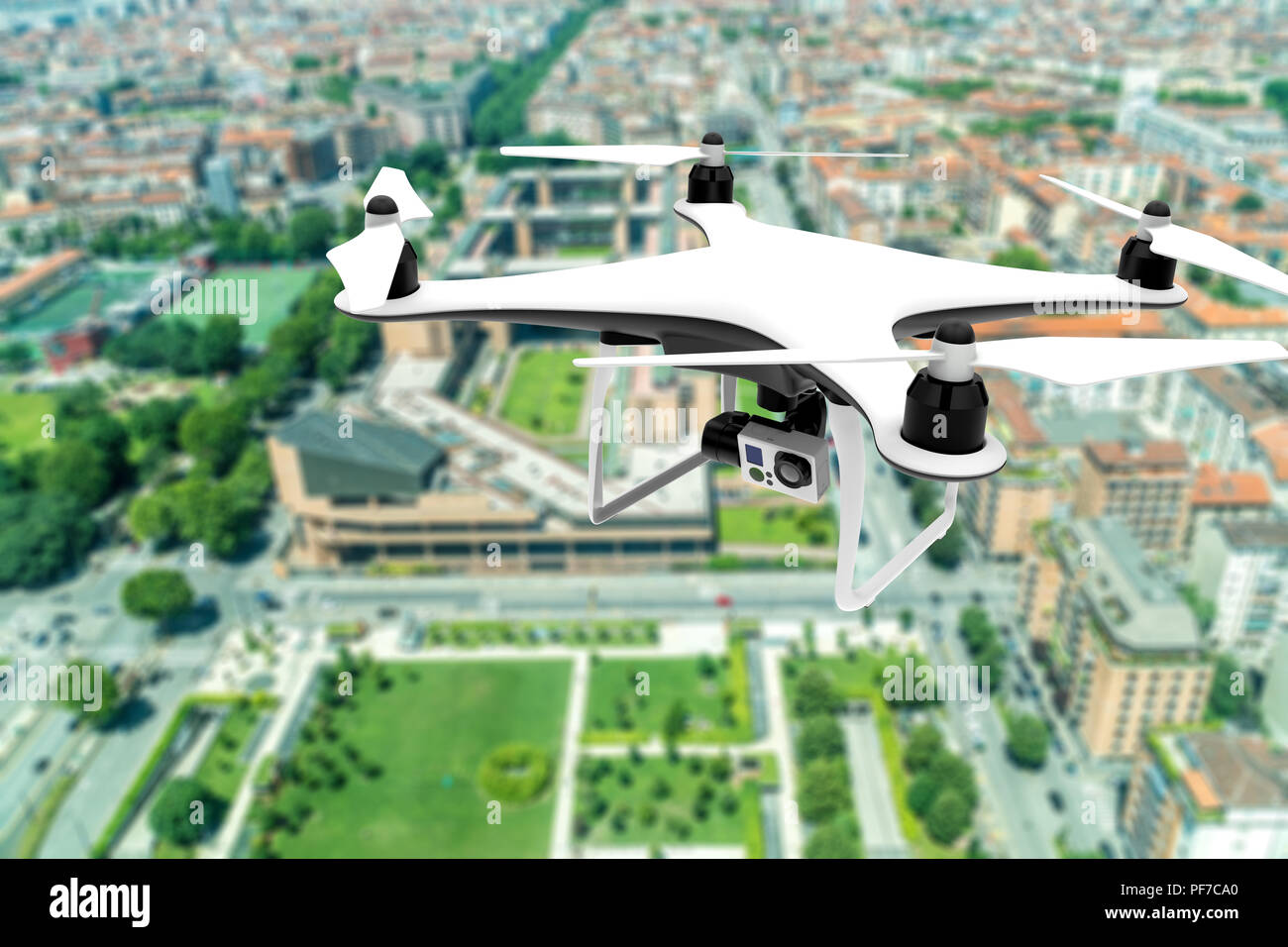 Drone with digital camera flying over a big city: 3d illustration Stock ...